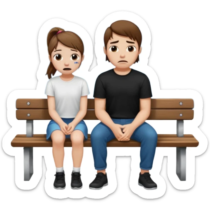 pale girl  with brown ponytail and ugly face  with boy  with brown hair black short and a white shirt sitting sobbing by himself on a bench with a lake in the back  sticker