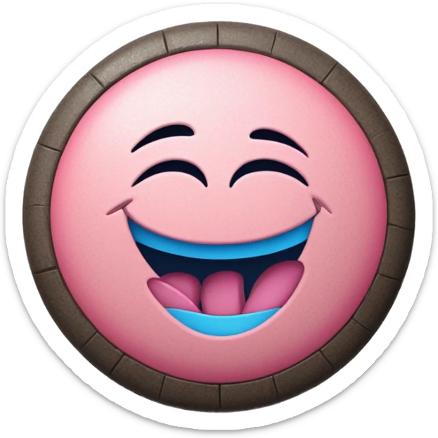 The round tablet consists of two parts, one part is pink and the other is blue. A tablet in the style of a laughing smiley face. The inscription DOZA is stamped on the tablet sticker