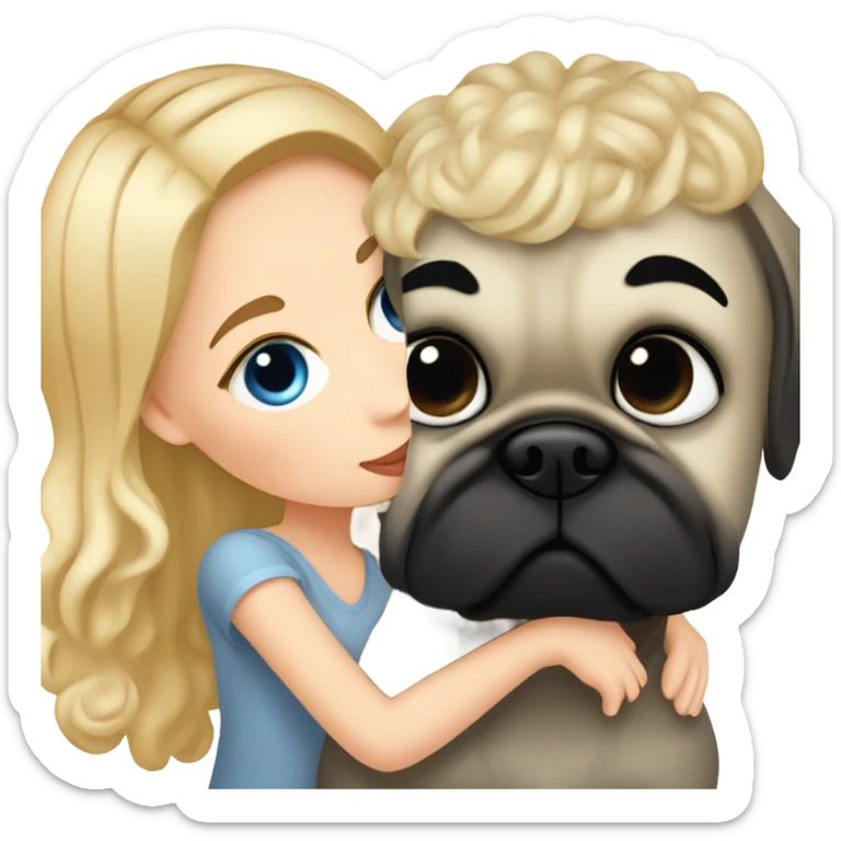 Girl with wavy blonde hair a d blue eyes, kissing a black pug sticker