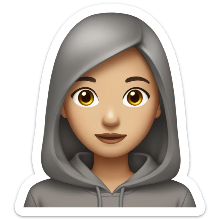 asian girl, brown eyes with mascara, dark brown hair with light highlights at the bottom, hair down, gray hoodie. sticker