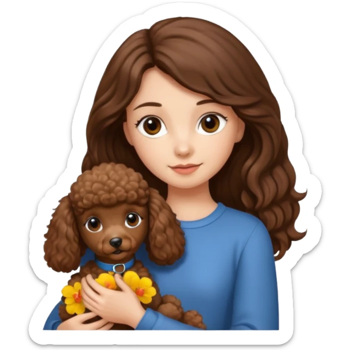dziewczyna, długie brązowe włosy z małym brązowym pudlem na ręce sticker
