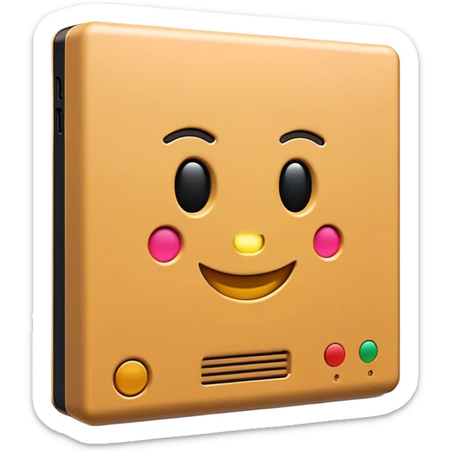 Clash of Clans aesthetic: Cinematic Playful PlayStation 2 Slim Portrait Emoji, rendered in a 3D vector-style similar to standard emojis with minimal shading and bold, simplified shapes. A compact, distinct form with signature details, softly glowing with a cutting-edge console technology charm. Simplified yet unmistakably iconic, highly detailed and consistent, glowing with a soft radiance and high shine. Stylized with a touch of technological advancement and a soft glowing outline, capturing the essence of a beloved gaming relic with a friendly, playful manner! sticker