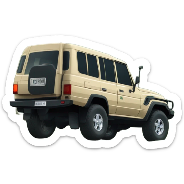 Land Cruiser 79 series 2024 in beige parked on a lush dark green mountain with a luxurious wood house and horses and deers running around  sticker