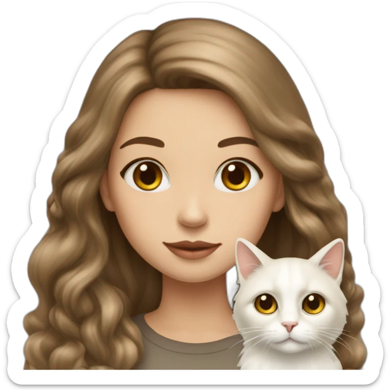 Girl-with-long-brunette-hair-and-cat-angora-beige-and-white sticker
