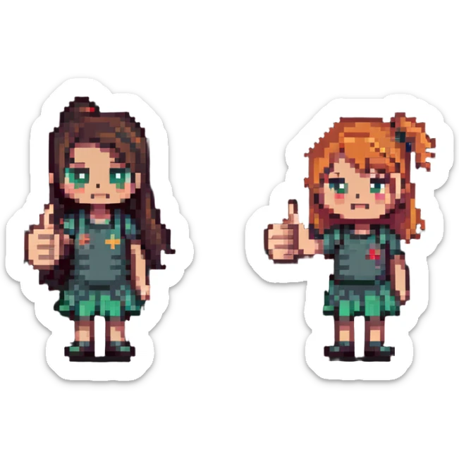 Girl with one hand giving thumbs up and the other hand giving thumbs down, showing mixed feelings sticker