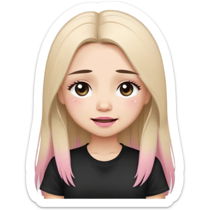 Crying Slavic girl, light skin, long eye lashes, pink beige lips, brown eyes, long black-to-blonde ombre straight hair, black T-shirt, chibi, smiling. sticker