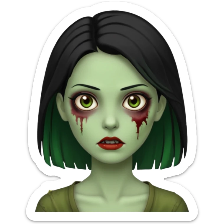Faça uma zombie mulher bonita verde com olhos castanhos cabelos pretos partido ao meio liso, com estilo  sticker