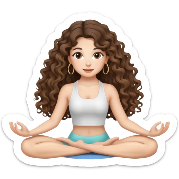 cute balayage brunette long hair curly/wavy haired girl, hoop earrings, clean girl makeup DOING a YOGA pose sticker