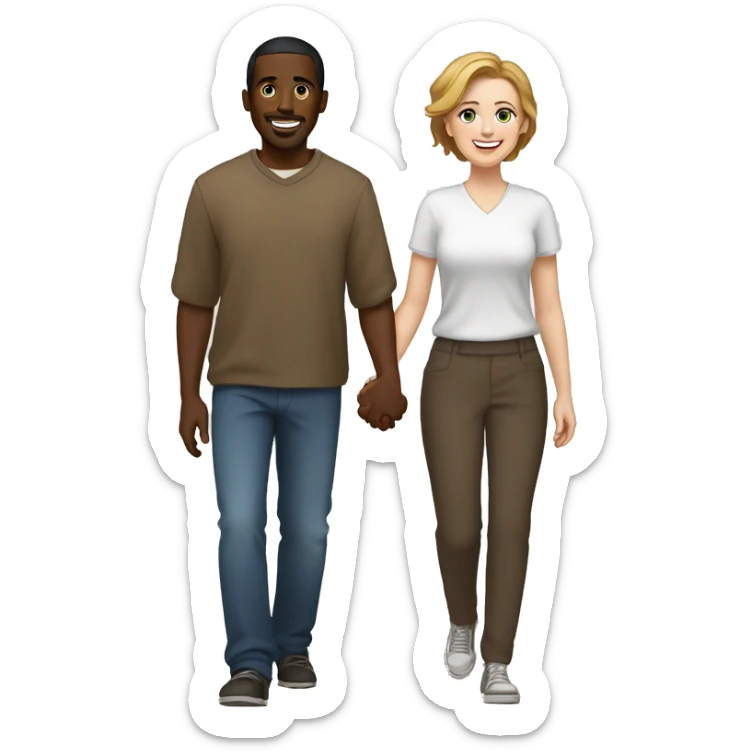 A black Somali man with short hair and a white woman with  brown hair holding hands and walking side by side, smiling and enjoying their time together sticker