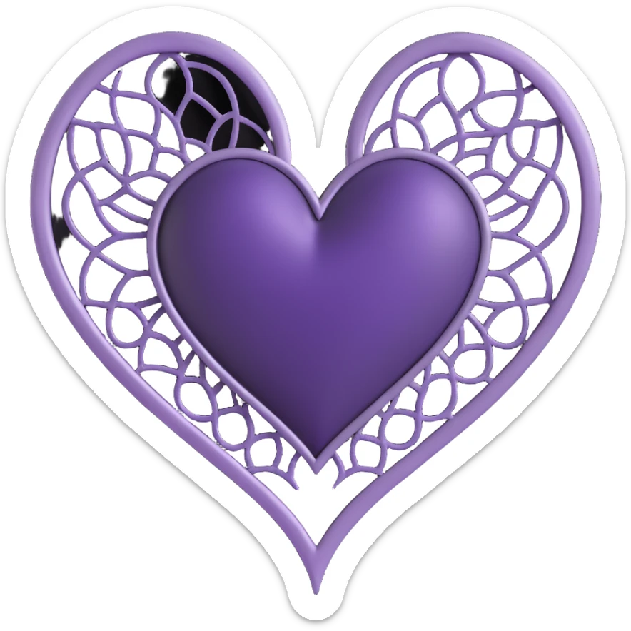 gothic heart, deep purple satin, ornate silver filigree, black lace trim, faint purple glow, with a spiderweb overlay sticker