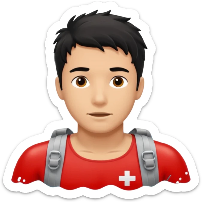 Lifeguard male tanned skin Teenager with Black messy hair swimming to rescue someone sticker