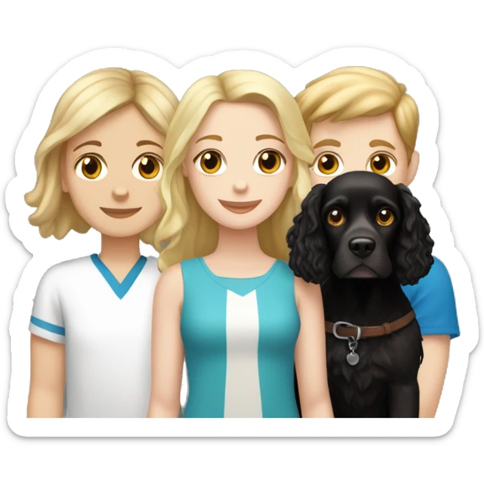 brown hair, white girl and Blond hair, white boy holding a black cocker spaniel sticker