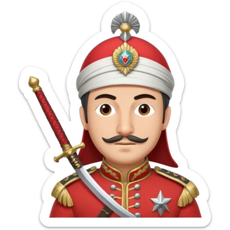 Ottoman janissary in red army dress holding a sword had a white cap sticker