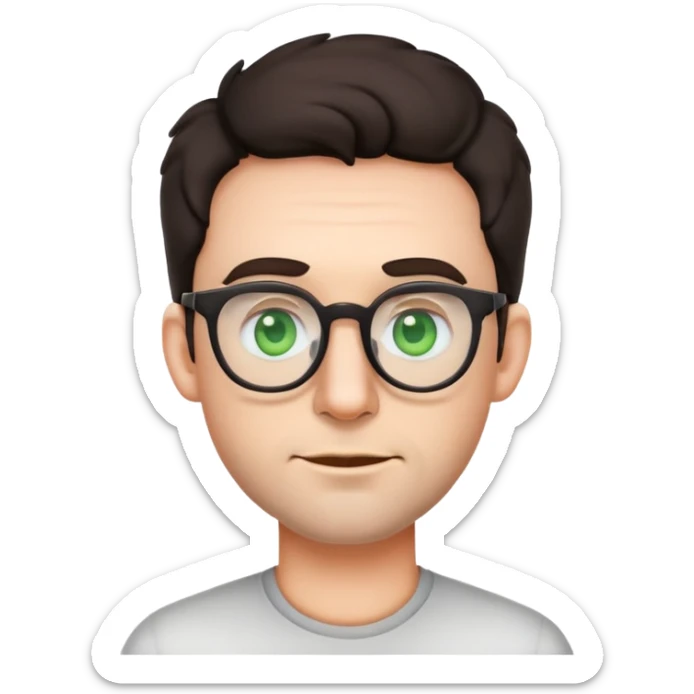 simple male emoji with poofier slightly curly dark hair, big ears, pale skin, glasses, green eyes, light stubble sticker