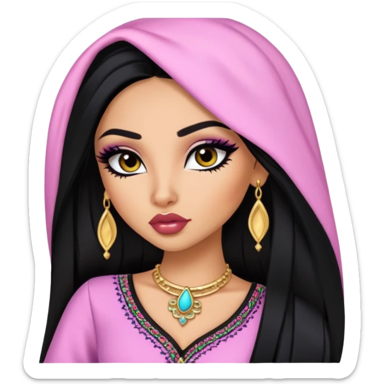arabian nose, pretty lips, clothes, medium skin,  long black hair, pretty bratz baddie, black eyeliner sticker