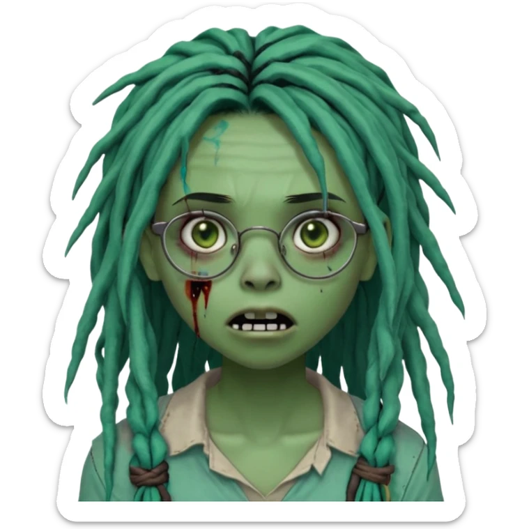 One young female green-skinned, zombie with glasses, with ombre black roots & teal tips long dreadlocks and a side bang of her locs that fall over the left eye and a worried expression like with the mouth open, teeth showing, and the jaw uneven. with a small wound near its mouth. sticker
