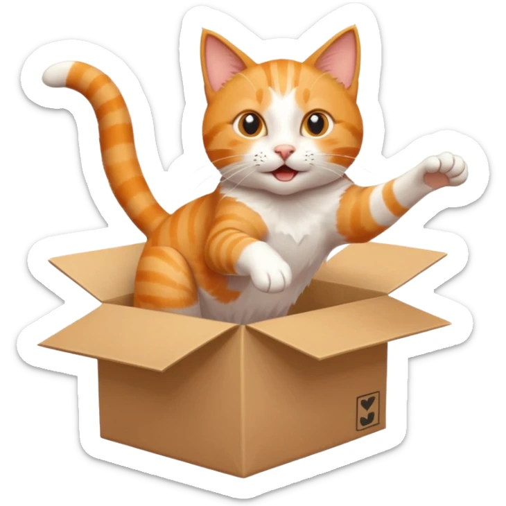 cat jumping out of a box with a white arrow showing the direction of the cat out of the box sticker