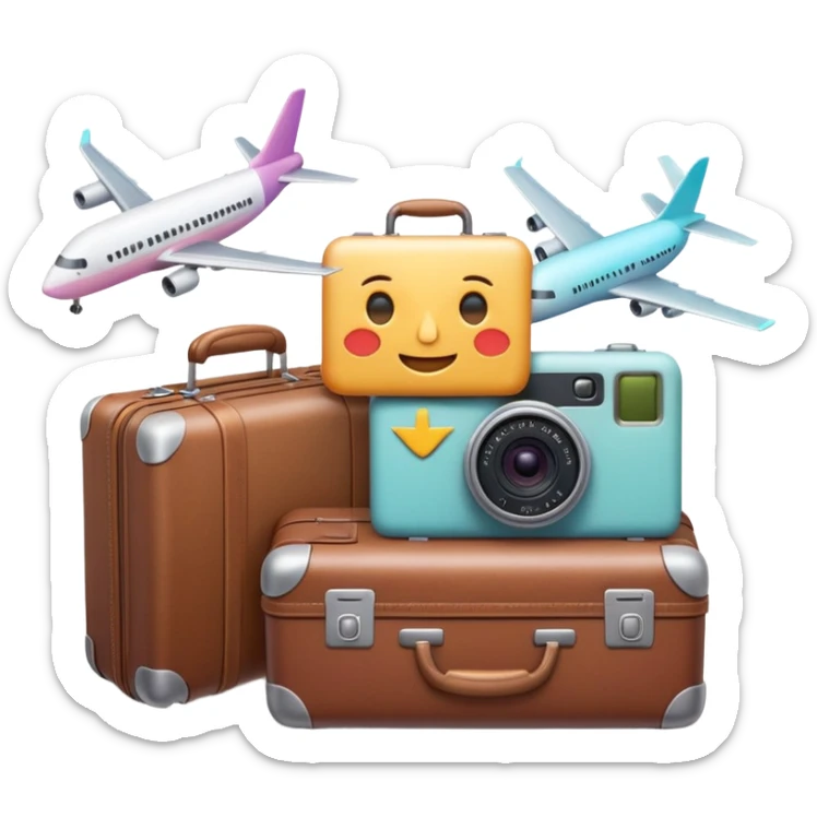 Premium travel moodboard emoji, Apple-style 3D emoji, pastel gradients, minimal travel symbols, calm aesthetic, soft shadows, high-detail, square app icon. sticker