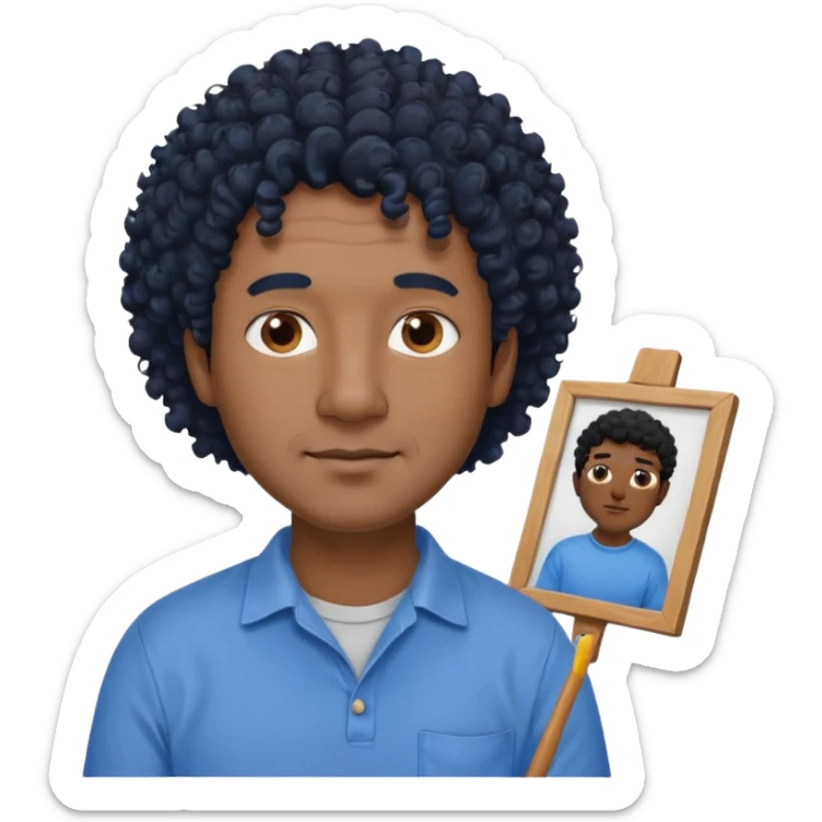 homme 50 ans cheveux frisé noir artiste peintre chemisse bleu sticker