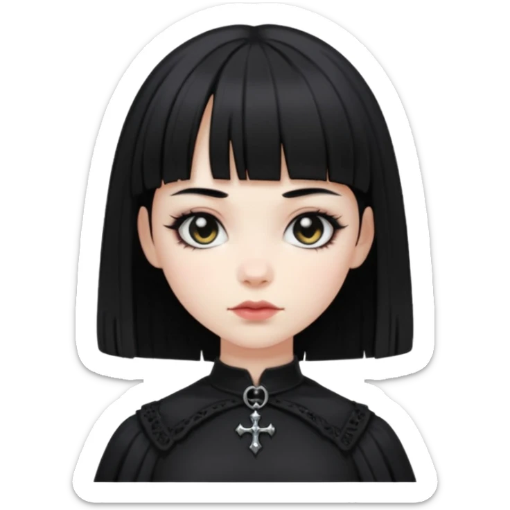 generate an image of a girl with black hair, caucasian and wearing gothic black clothes. Her bangs is short sticker
