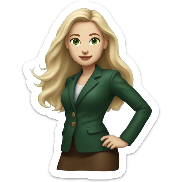 Realistic White woman with Long straight blonde hair and green eyes, dark green Wool oversize blazer, mini skirt and Brown heeled leather boots  sticker
