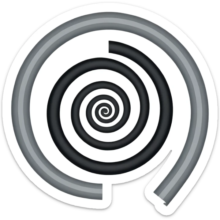 Minimalist emoji-style sticker of a strip of film curling into a hypnotic spiral. No details inside frames. Black and gray only. sticker