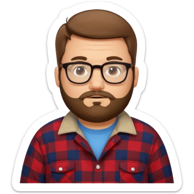 Fat white guy with glasses and short brown hair and beard wearing a cartoon flannel  sticker