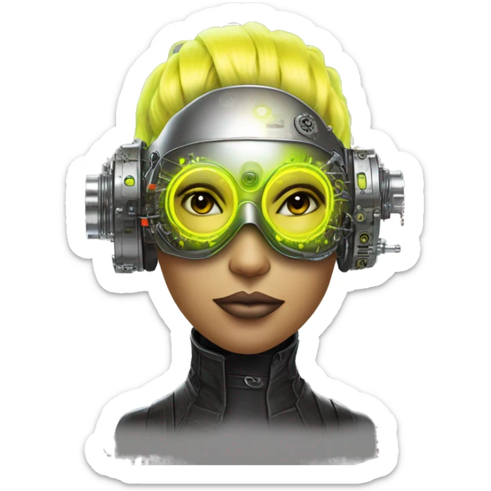 Neon yellow bobbed hair Latina female cyborg head with silver steampunk goggles and circuits sticker