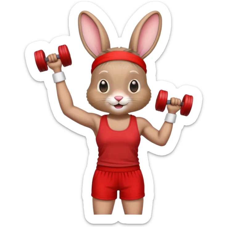 I want an emoji of a rabbit lifting dumbbells, with the dumbbells being red. I want the rabbit to have a red headband, red shorts, and a red tank top. sticker