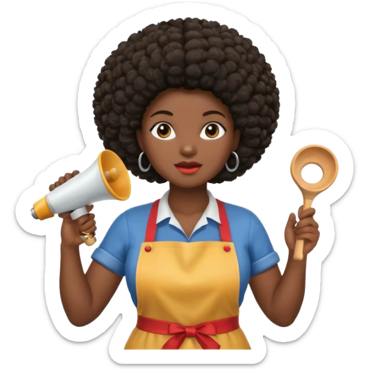 Mujer curvy afro, con vestimenta cómoda y delantal, y un megáfono en la mano sticker