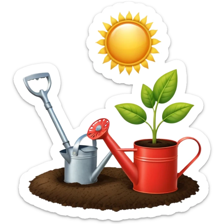 An icon featuring a plant growing from the soil, a watering can, and agricultural tools, symbolizing agronomy. The design includes a farm field, crops, and a sun, representing the study of plants, soil, and agricultural systems. Transparent background highlights sustainable farming and growth. sticker
