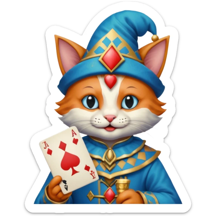 crazy colorful cute little cat jolly joker from poker, medieval, vintage, court jester, mac os icon, blue color, holds poker cards sticker