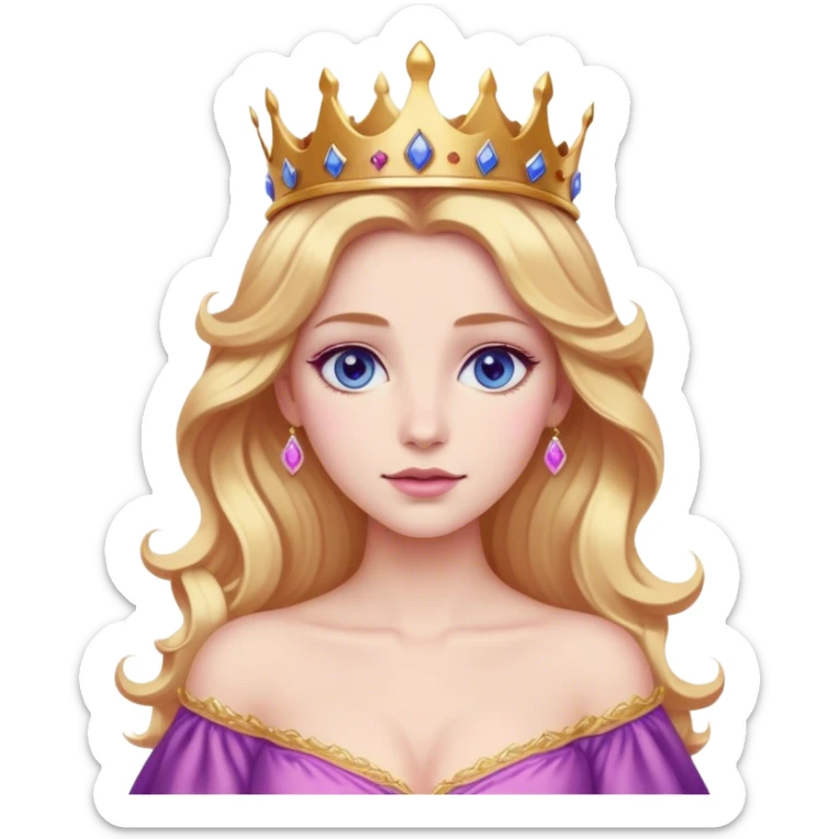 Cinematic Realistic Sleeping Beauty (Aurora) Portrait, with porcelain-like skin featuring a natural rosy flush, illuminated by soft lighting that highlights the gentle contours of her face. Her golden blonde hair flows in soft, detailed waves with subtle highlights that shimmer in the light. Her deep violet-blue eyes radiate warmth and innocence, framed by arched brows and long lashes. Her serene expression exudes quiet elegance. She is dressed in her classic pink gown, the fabric rich in texture with delicate folds that catch the light. A golden crown rests atop her head, gleaming with royal refinement. The portrait captures a soft, glowing aura, blending realism with an ethereal sense of beauty and timeless enchantment. sticker