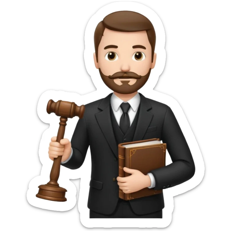 Create a male lawyer. he is wearing a fromal suit jckeret. He is holding a gavel in one hand and a book tucked under his another arm. He has a mustache and BEARD both! sticker