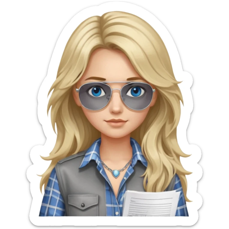 girl with long blond messy hair wearing grey plaid shirt with blue eyes and aviator sunglasses wearing a ring on her silver necklace, holding lawyer papers sticker