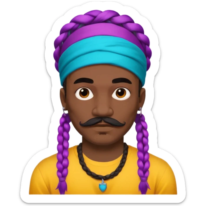 big lose braids starting from the top of the head man with mustache face wiith big visible braids and mono color headband on head  face and braids as big as headband and lots and lots of face tattoos colored tattoos like a tattoo artist hair unique color sticker