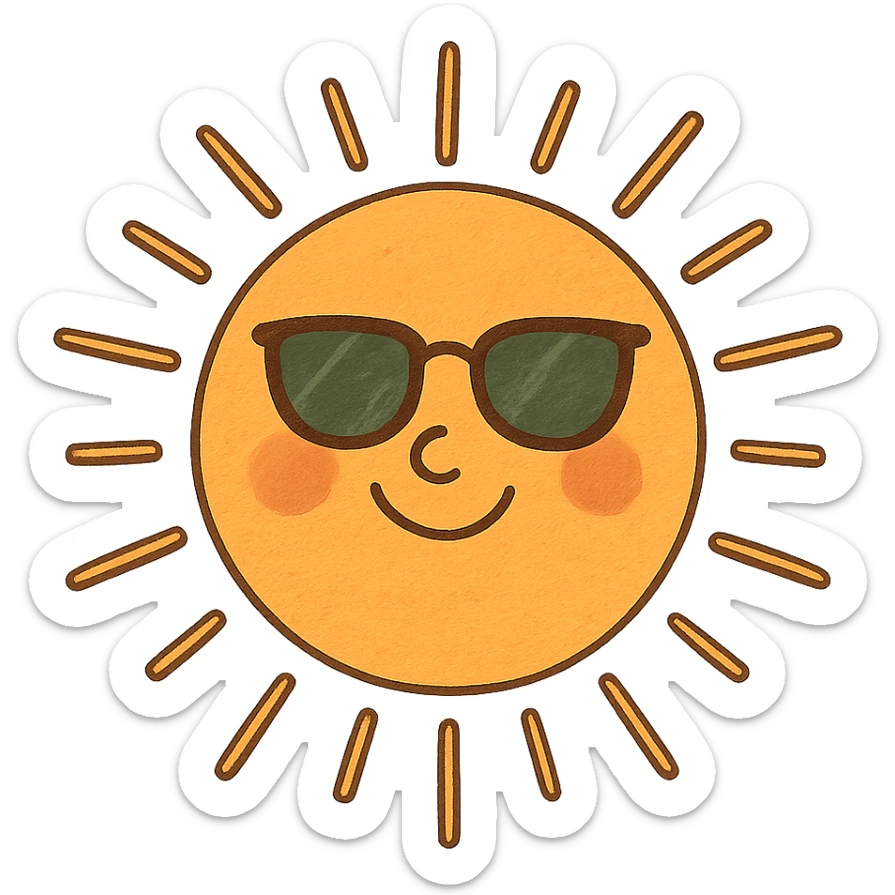 A bright sun with sunglasses and a smile, representing a sunny summer day. sticker