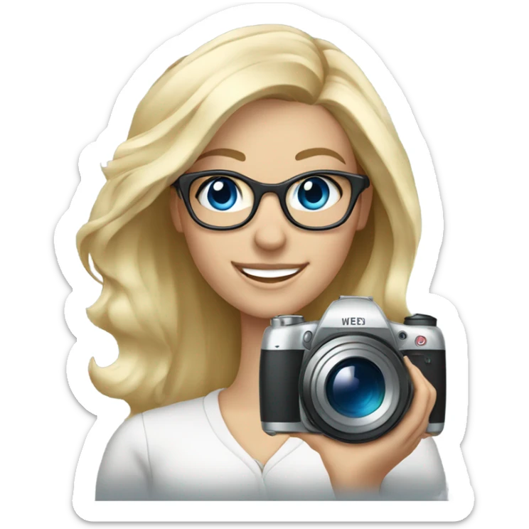 Elegant blonde girl with glasses smiling blue eyes taking pictures with a camera  sticker