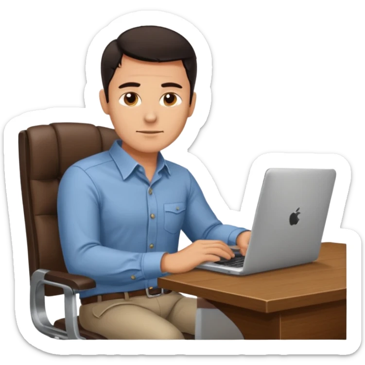 Rich man working on a chair at office in shirt, dark hair, and near the desk with laptop he is german very beautiful looks like, full body view sticker
