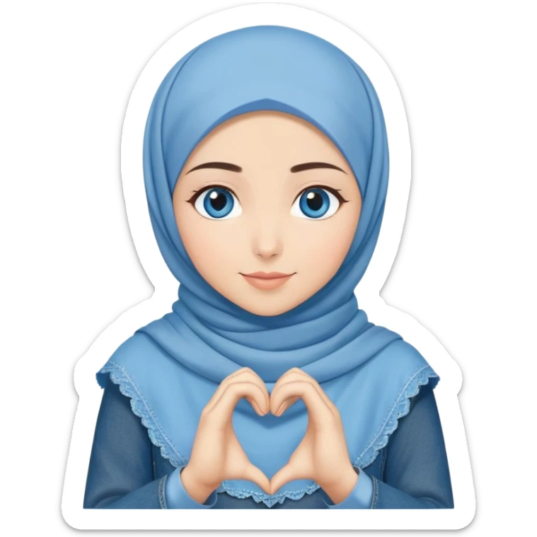 Turkish beautiful finish Konya girl blue eyes with denim hijab islamic dress and making heart with hands and with thank you text sticker