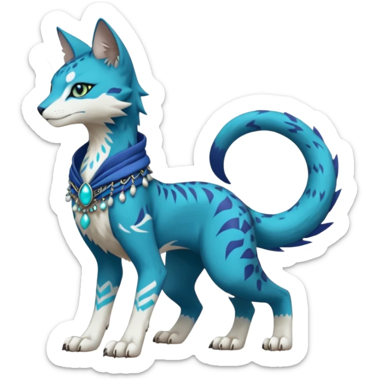Kawaii cute Indigo Turquoise Grey beautiful pretty elegant divine edgy feline-vernid-sergal-Fakémon-Pokémon-Digimon-fursona-animal-creature, full body, with intricate detailed markings, silken shawl, decorative anklets sticker