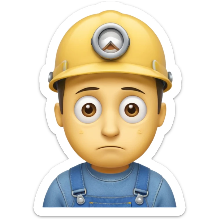 close up of a sad Minion face, cartoon emoji style, expressive eyes, yellow skin, blue overalls, single tear, simple background sticker