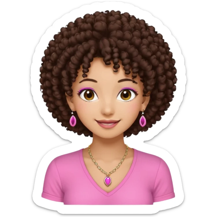 Naturally tan skin girl short darkBrown curly afropink shirt long lashes earrings necklace Brown eyes gyaru smiling closed mouth cute sticker