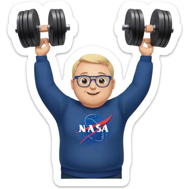 happy chubby man, lifts weights over the head,  blond short and hight receding hairline, wearing a dark blue sweatshirt, nasa logo on the sweatshirt, round glasses without frame, 40 years old sticker