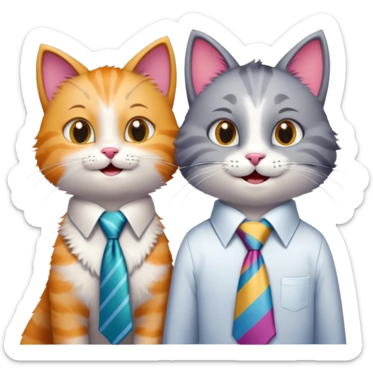 happy girl cat with eyelashes wearing a colorful necktie and happy boy cat wearing a professional necktie standing together side by side, both with cheerful expressions sticker