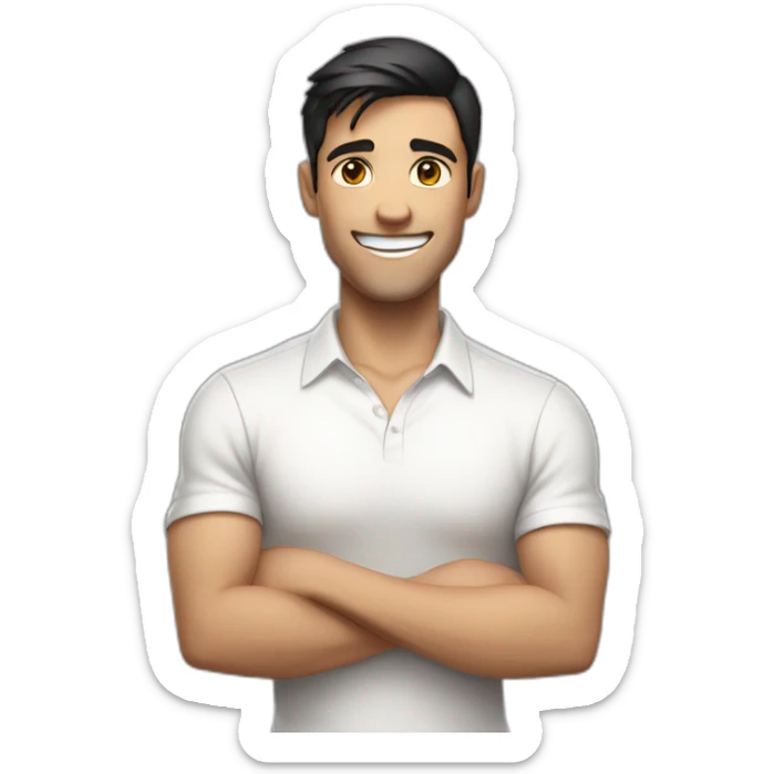 Men with white shirt, crossed arms, short dark hair, with a huge smile sticker