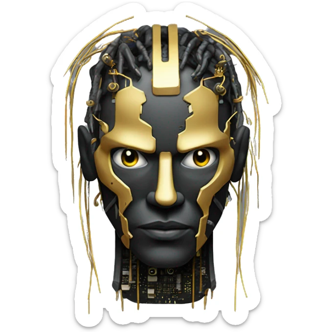 black metal male cyborg head with circuitry and wispy yellow gold hair sticker