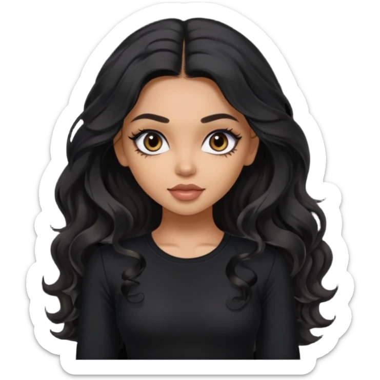 a pretty bratz dusky girl with long wavy black hair, kajal under eyes, black full sleeve  top sticker
