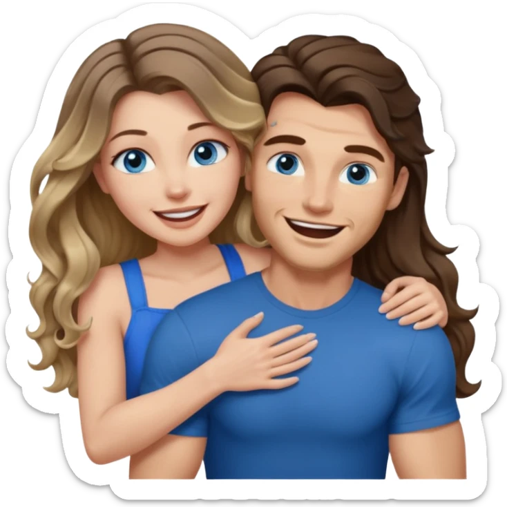 Women with blue eyes and very long, brown blond balayage curled hair in the arms of a man with strong arms a straight face, a very sexy man blue eyes. They are laughing at each other. He has dark brown hair: A fade haircut down to skin and is light skinned  sticker