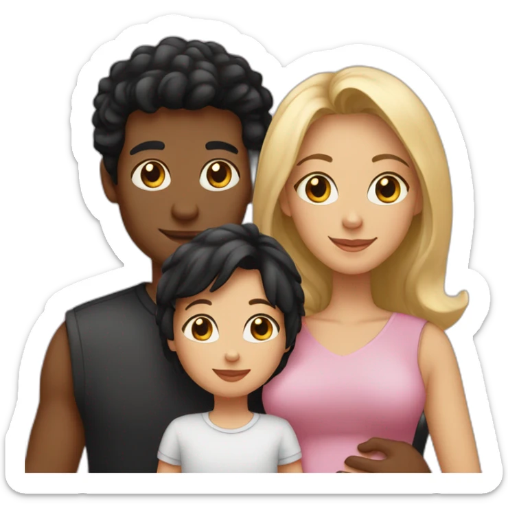 Family of three, woman with black hair, men with black hair, baby girl, 2 cats sticker